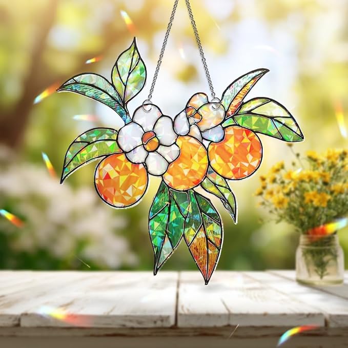 Personalized Orange Blossom Suncatcher – Stained Glass Citrus Window Hanging, Sun Catchers Indoor Window Decor for Kitchen or Garden Gift, Plant Gifts for Women, Grandma, Mother's Day, Christmas