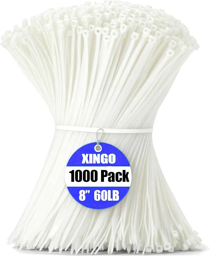 XINGO 1000 PCS White Zip Ties 8 Inch, 60 LBS Tensile Strength, Self-Locking Nylon Plastic Nylon PA66 Wire Ties for Indoor and Outdoor Use