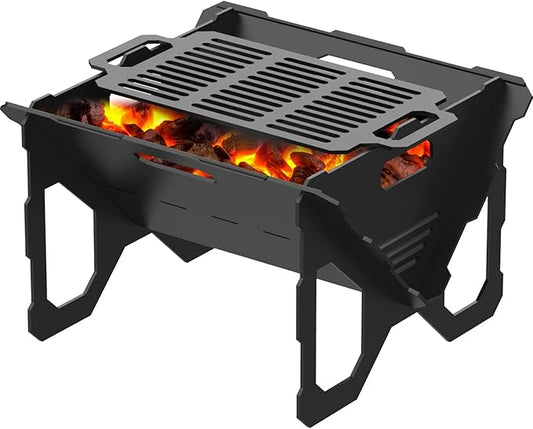 20 inch Fire Pit, Outdoor Portable Firepit with BBQ Tray, Detachable Camping Steel Fire Pits for Backyard, Patio, Picnic, Bonfire, Garden (Black-Large)