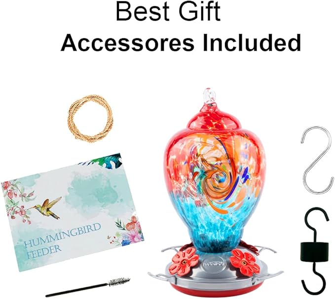 WOSIBO Hummingbird Feeder for Outdoors Patio Large 32 Ounces Colorful Hand Blown Glass Hummingbird Feeder with Ant Moat Hanging Hook, Rope, Brush and Service Card (Red-Blue)