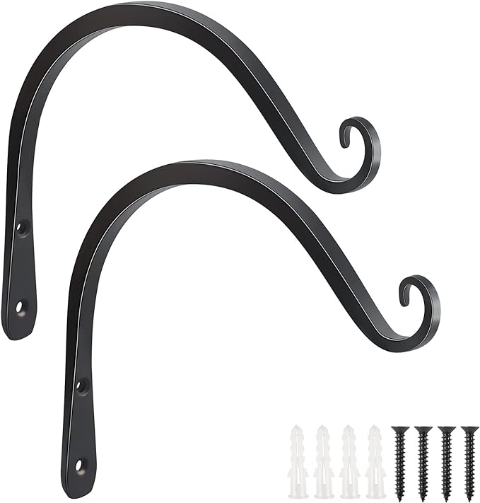 FEED GARDEN 2 Pack 8 Inch Hanging Plant Bracket Wall Hooks Decorative Plant Hangers for Outdoor Hanging Bird Feeders, Wind Chimes, Plant Baskets, Black