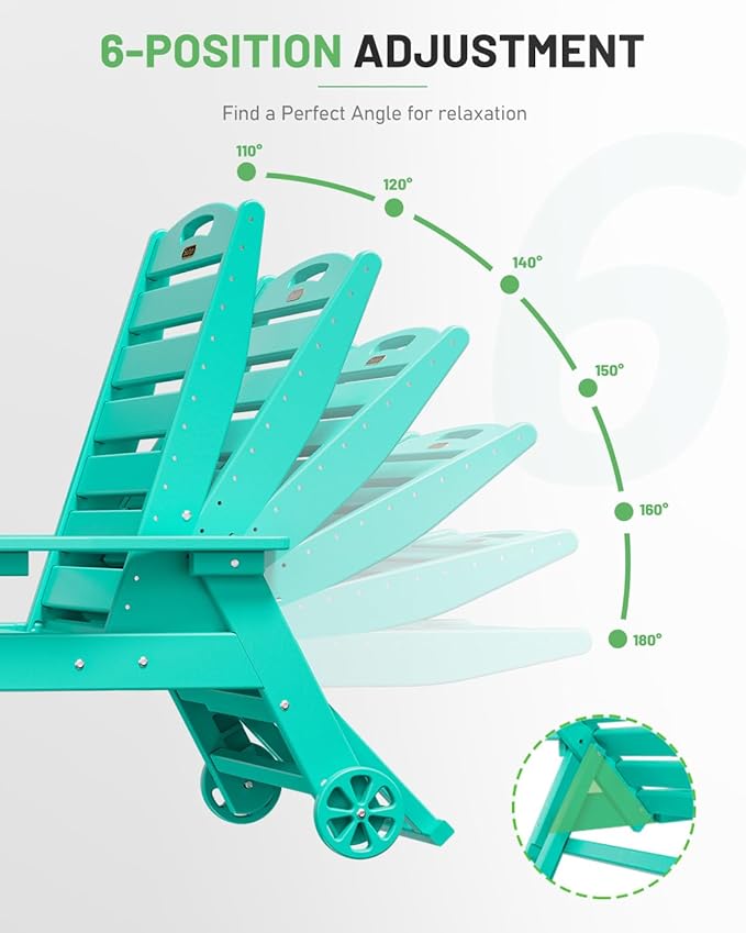 Lounge Chair Outdoor, Chaise Lounge, HDPE 6-Position Outdoor Chaise Lounge, Patio Lounge Chair with Wheels & Cup Holder for Pool Poolside Deck Backyard, Lake Blue