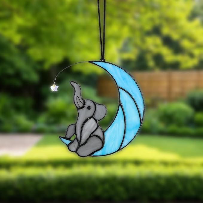 HDCRYSTALGIFTS Glass Elephant Ornament Stained Glass Window Hanging Decor, Modern Design Elephant on Moon with Star Collectibles Handcrafted Sun Catcher Gifts for Birthday Women