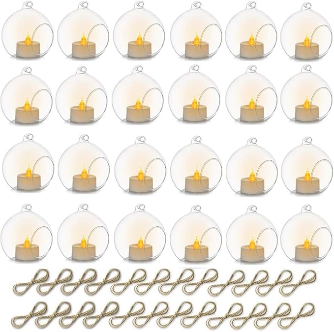 24 Pcs 3.15"/ 8cm Hanging Glass Tealight Holder Globe with LED Tealight, Plant Terrariums Glass Orbs Air Plants Tea Light Candle Holders Home Decor Indoor Outdoor Garden DIY Gifts (24 Pcs)