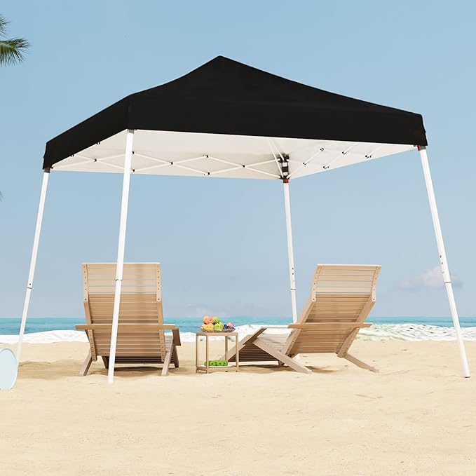 10x10 Pop Up Canopy, 300D Silver Coated Black Fabric Outdoor Gazebo, Beach Tent Slant Legs with Storage Bag,Easy Up Sun Shade Shelter Tents with 8x8 Top Cover for Patio,Party