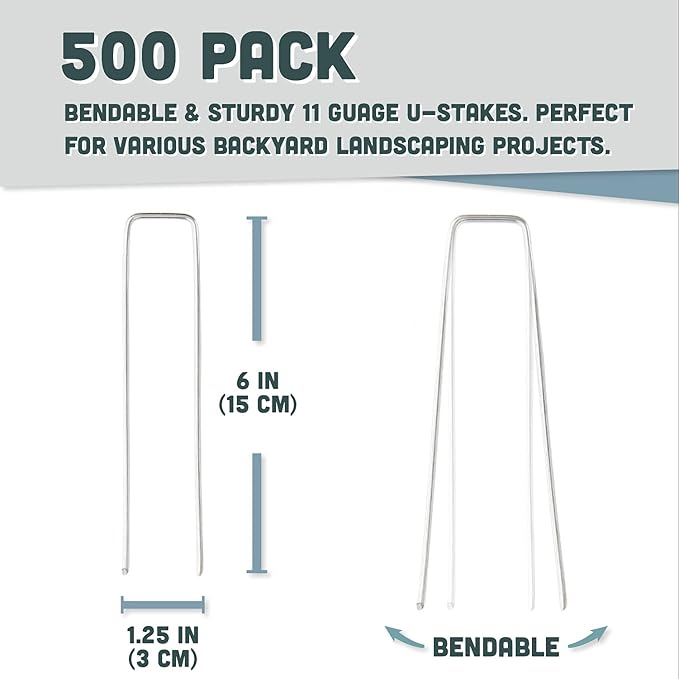Squirrel Products U Shape Galvanized Garden Stakes Metal, 6 Inch Landscaping Staples, 11 Gauge Stakes for Landscaping Fabric Barrier Irrigation Tubing, 2.9mm 15x2.5x15cm – 500 Pack
