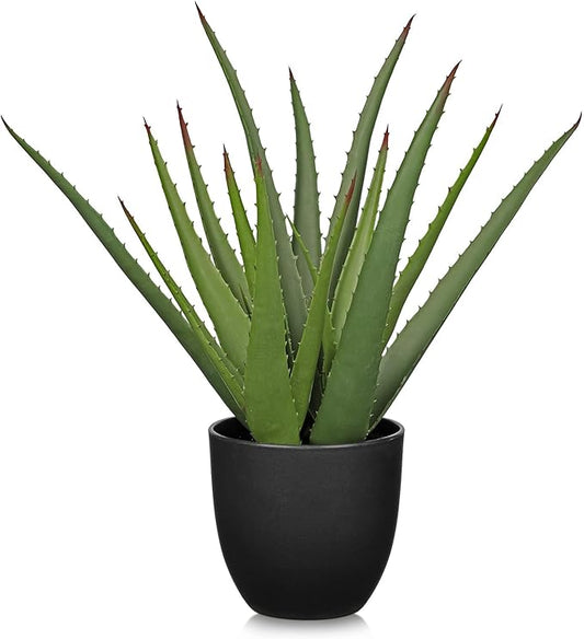 Large Fake Succulent Aloe Vera Plants 16.7 Inch Artificial Succulents with Black Pot Faux Aloe Potted Plant for Desk Modern Home Office Bedroom Living Room Table Shelf Decor