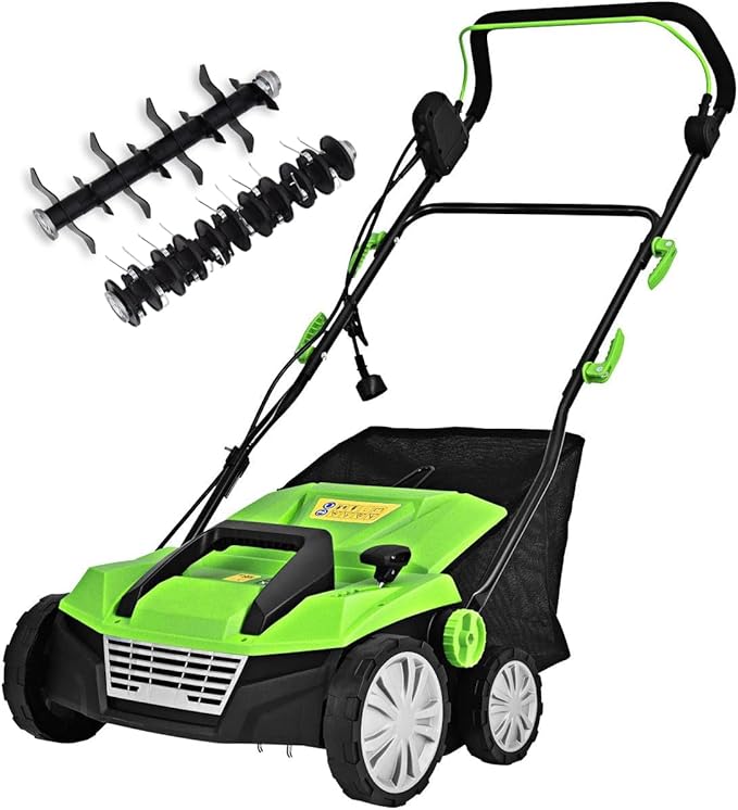 Goplus 2-in-1 Electric Corded Lawn Dethatcher with 5 Cutting Heights, 15-Inch 13 Amp Electric Scarifier w/ 13.5 Gallon Collection Bag, 2 Removable Blades for Garden Yard