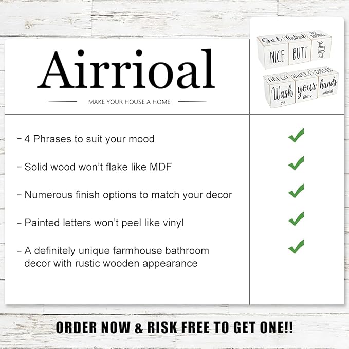 Funny Farmhouse Bathroom Decor and Accessories for Shelf, 4-Sided Wooden Blocks - Nice Butt&Get Naked&Hello Sweet Cheeks&Wash Your Hands Sign, Modern Rustic Restroom Decorations, White 2.8"