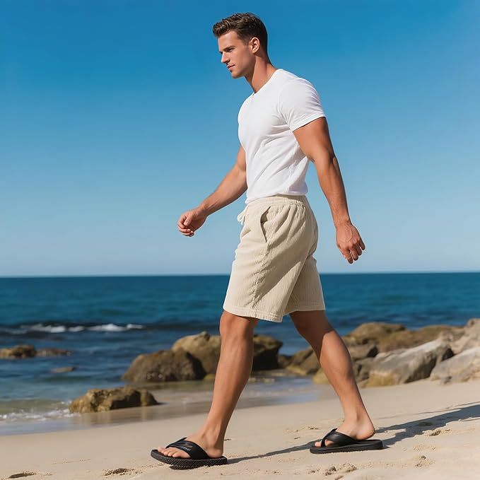 Mens Cargo Shorts Casual Drawstring Elastic Waist Corduroy Summer Beach Shorts with Pockets