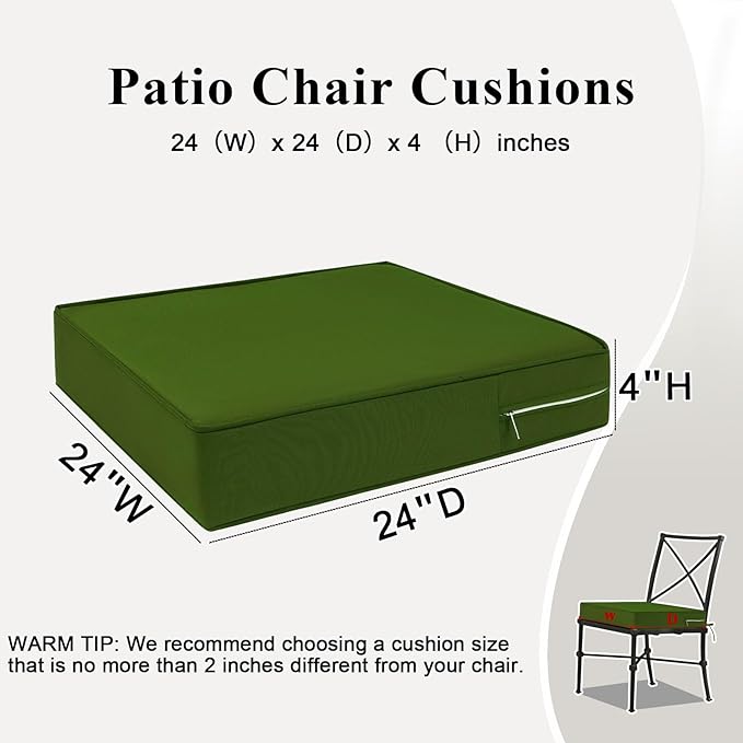 Outdoor Chair Cushions Set of 2 for Patio Furniture 24x24x4 Inch Waterproof Patio Chair Cushion 3 Year Color Fastness Square Elastic Foam Garden Couch Pads with Ties and Handle,Green