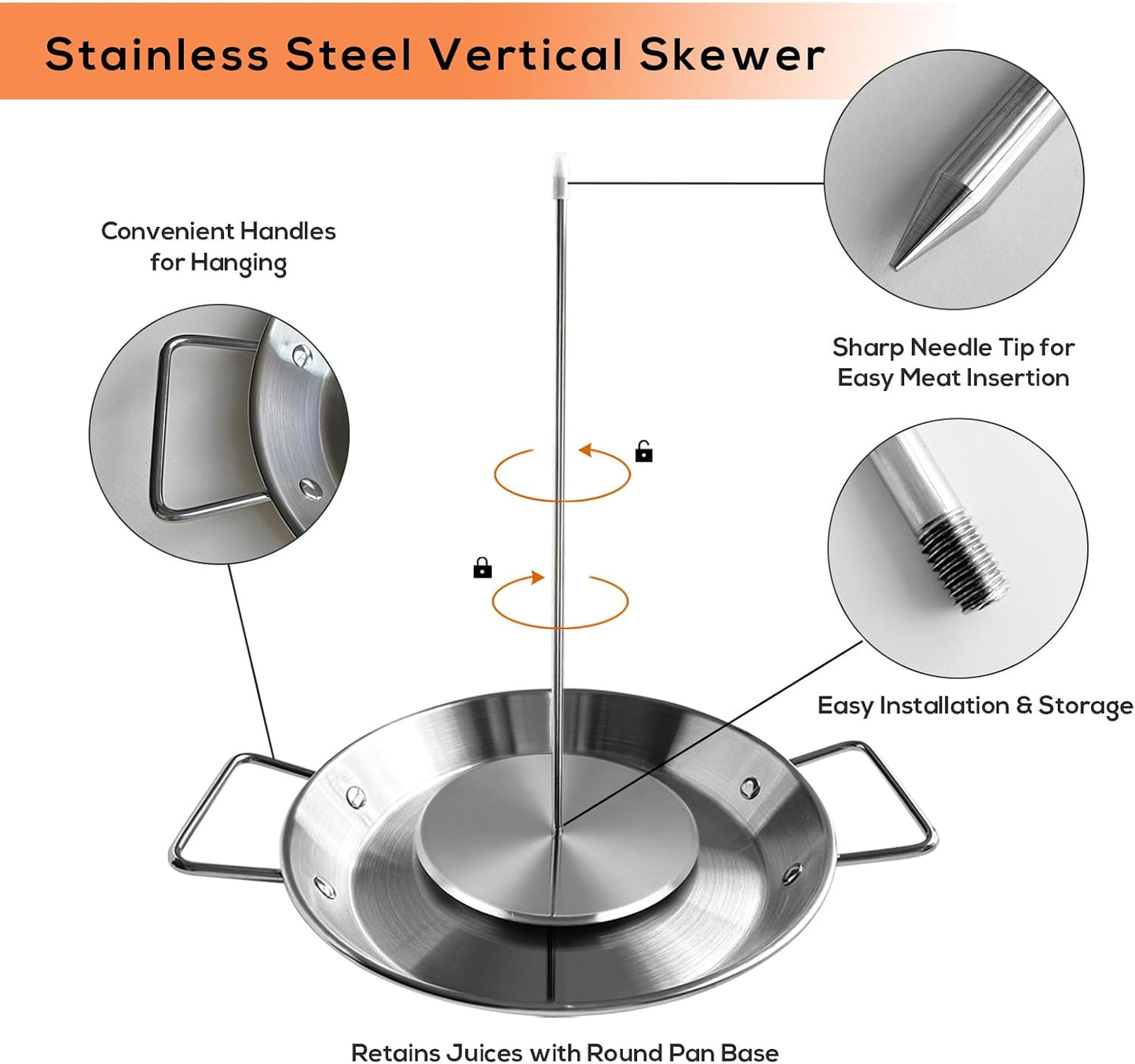 Fengzhe Al Pastor Skewer for Grill：Stainless Steel Vertical Stand, Brazilian Spit Stand with removable 3 Spikes, 2 Brushes, Anti-scalding Fittings, Fat Separator Tray, for Tacos Al Pastor, BBQ