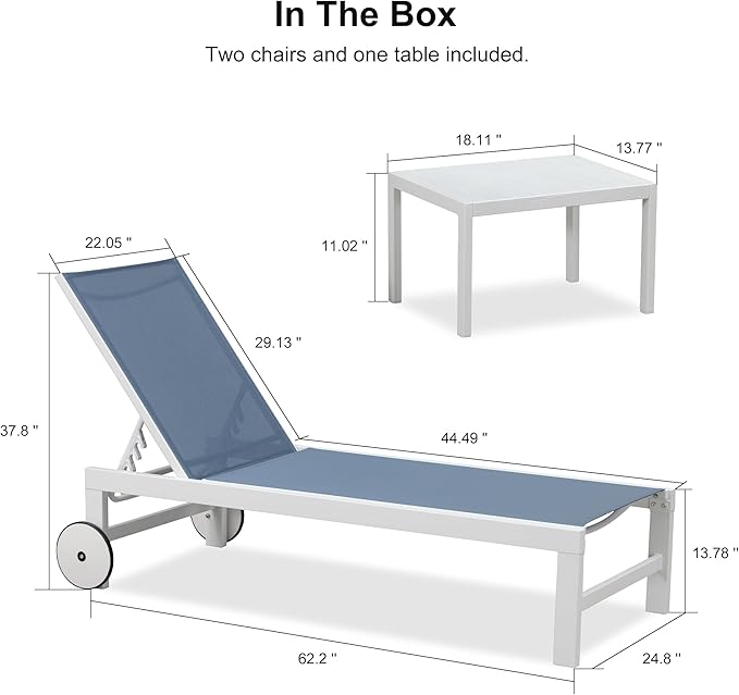 PURPLE LEAF Outdoor Chaise Lounge Set of 4 White Aluminum Lounge Chair Outdoor with Wheels Five-Position Adjustable Patio Lounge Chair for Pool Deck Yard, Indigo
