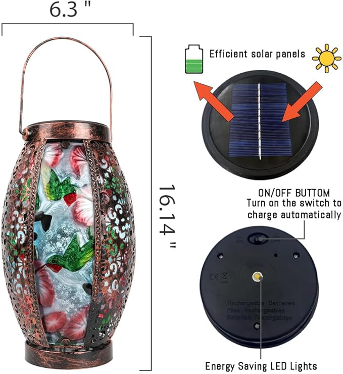 Hummingbird Solar Lanterns Glass & Metal Hanging Lantern Outdoor Waterproof 16" H Tabletop Light with Hollowed-Out Design for Garden Patio Table Decor Mother's Day Gift