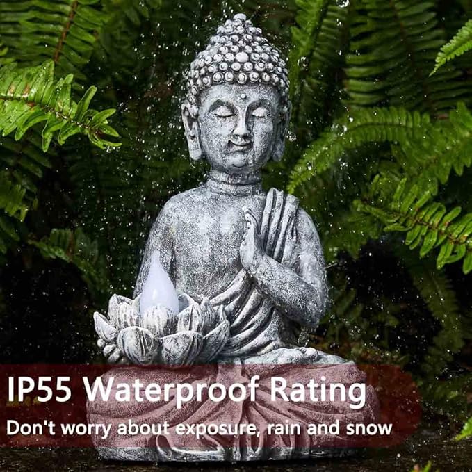Solar Buddha Statue - Outdoor Zen Sculpture With Flickering LED Lotus Light - Waterproof Garden Decor Gift - 11.81 Inch