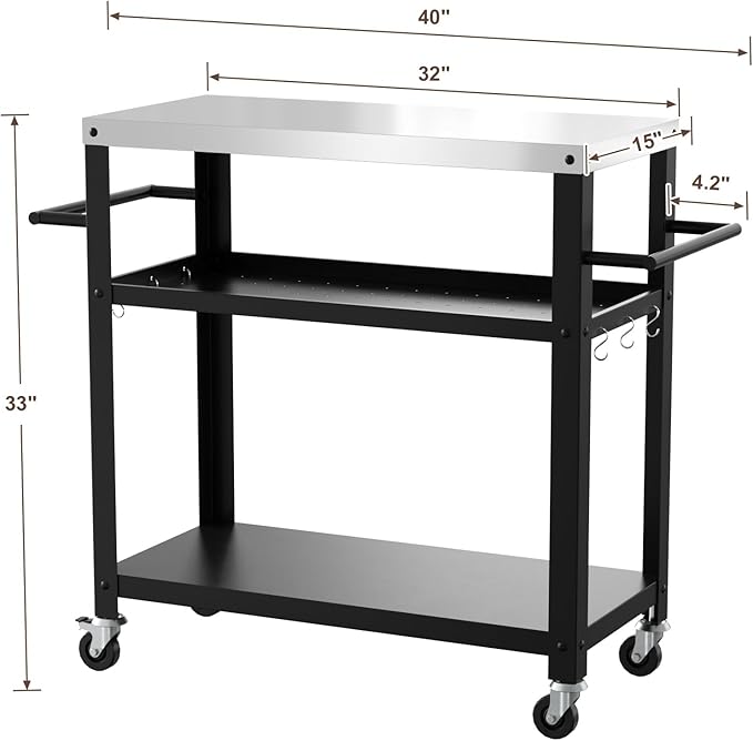Outdoor Grill Cart with Three-Shelf, Stainless Steel Pizza Oven Table for Outside, Dining Kitchen Cart with Two Side Handle, Garden Patio BBQ Kitchen Food Prep Table Cart (Black)