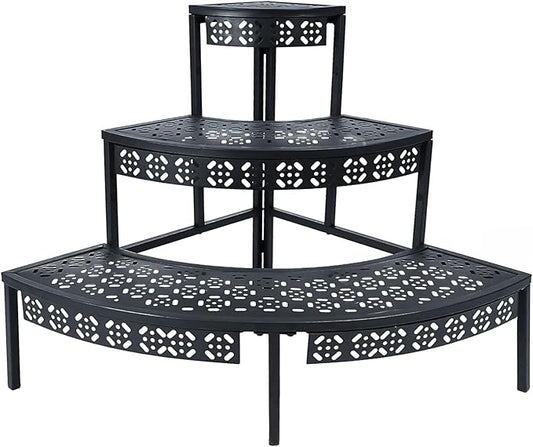 3 Tier Plant Stand Semi-Circular Flower Pot Organizer Rack Quarter Round Plant Display Holder Outdoor Storage Shelves Metal Corner Shelf Planter Shelving Ladder Plant Stand for Indoor Use(Black)