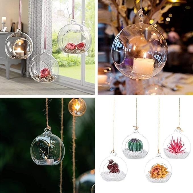 Sziqiqi Hanging Glass Tealight Candle Holder with LED Candles - 3.15inch Tea Light Globe Terrarium Holders Ornament for Wedding Christmas Birthday Halloween Party Centerpieces Decor 24pcs