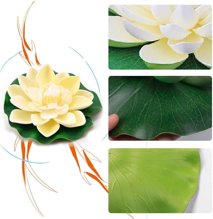 Happy Trees 12 Pcs Artificial Floating Foam Lotus Flower with Water Lily Pad, Lifelike Ornanment Home Garden Pond Decor Indian Decorations Return Gifts