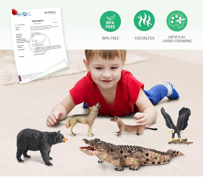 Volnau Safari Animal Figurines Toys 7PCS North America Figures Zoo Pack for Toddlers Kids Christmas Decoration Gift Preschool Educational Moose Wolf Bear Jungle Forest Woodland Set