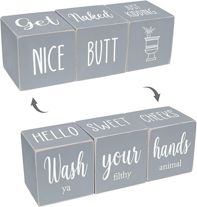 4-Sides Farmhouse Bathroom Decor for Shelves Counter, Funny Rustic Cute Wooden Restroom Guest Sign, Nice Butt&Get Naked&Hello Sweet Cheeks&Wash Your Hands, Grey 2.8"