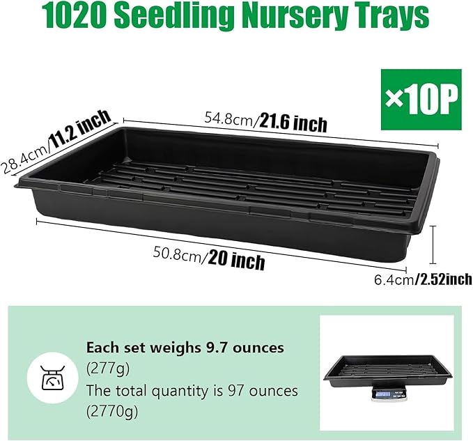 Plant Growing Nursery, Standard 1020 Trays Plastic Seeds Starter Trays Sturdy Self Seedling Tray for Microgreens Indoor Nursery Pots (10-Pack, 21.6"×11.2", 2.52" Deep, no Holes)