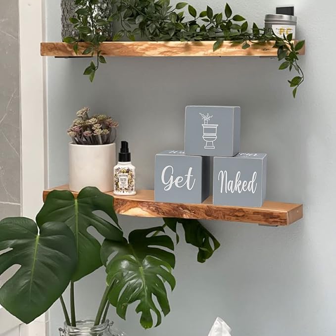 4-Sides Farmhouse Bathroom Decor for Shelves Counter, Funny Rustic Cute Wooden Restroom Guest Sign, Nice Butt&Get Naked&Hello Sweet Cheeks&Wash Your Hands, Grey 2.8"