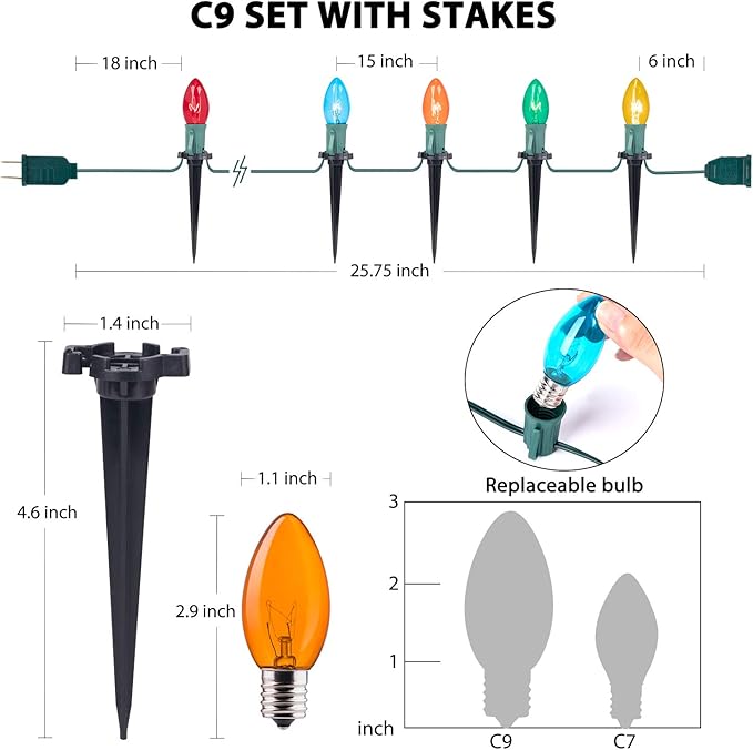 Brightown C9 Christmas Pathway String Lights Outdoor - 4 Pack Total 102.8 FT 80 Clear Lights with 80 Stakes, Connectable Waterproof Walkway Lights for Indoor Xmas Party Holiday Decoration, Multicolor