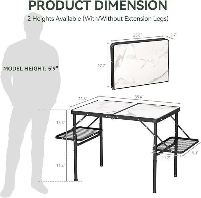 Titanker Folding Camping Table 3ft, Folding Picnic Table, Camp Tables Portable, 50% Extra Side Space, Outdoor Patio Table, RV/Car Camping Essentials, Aluminum Light & Solid