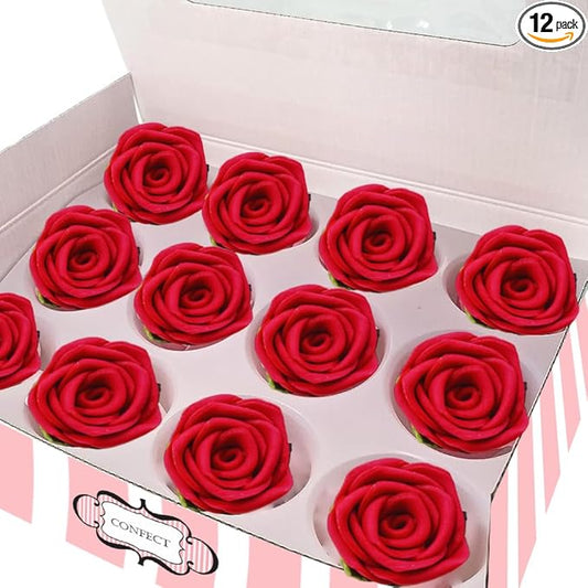 Confect Edible Rose Cake Toppers – Edible Roses for Cupcake & Cake Decorations- Vegan, Gluten-Free, Dairy-Free, Palm Oil-Free -Edible Viva Magenta Roses - Pack of 12