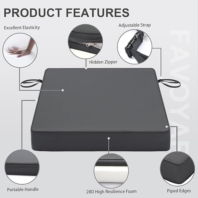 Favoyard Patio Chair Cushions 18 x 18 x 3 Inch Waterproof Outdoor Seat Cushions for Patio Furniture 3-Year Color Fastness Garden Sofa Couch Pads with Handle & Adjustable Straps Set of 2, Dark Grey