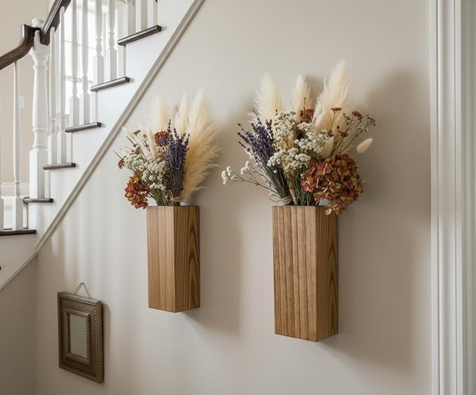 2 Pieces Wooden Wall Hanging Plant Pots Vase Contains Artificial Green Plants for Indoor Fake Plants Greenery Flowers, Modern Planters for Bathroom, Living Room, Kitchen Decor, (Wood Color)