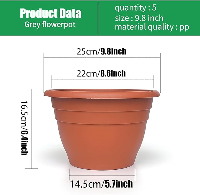 Plant Pots Set of 5, 10" Outside Diameter Flower Pots, 8.5" Inner Diameter Plant Planters with Drainage Hole, Durable Garden Pots Perfect for Indoor & Outdoor Plant Planting, Decor(Pottery Red)