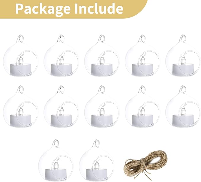 NUPTIO Hanging Glass Globe with Candles: Set of 12 Tealight Candle Holders with LED Tea Lights - 2.36 inch Bulk Clear Votive Candleholders for Party Wedding Birthday Shower Celebration Tree Decoration