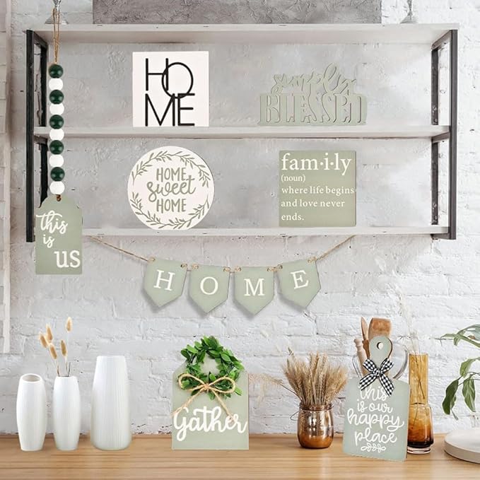 11PCS Farmhouse Tiered Tray Decor Set – Rustic Wooden Mini Signs and Decorations for Home and Kitchen Display (Tiered Tray Not Included)