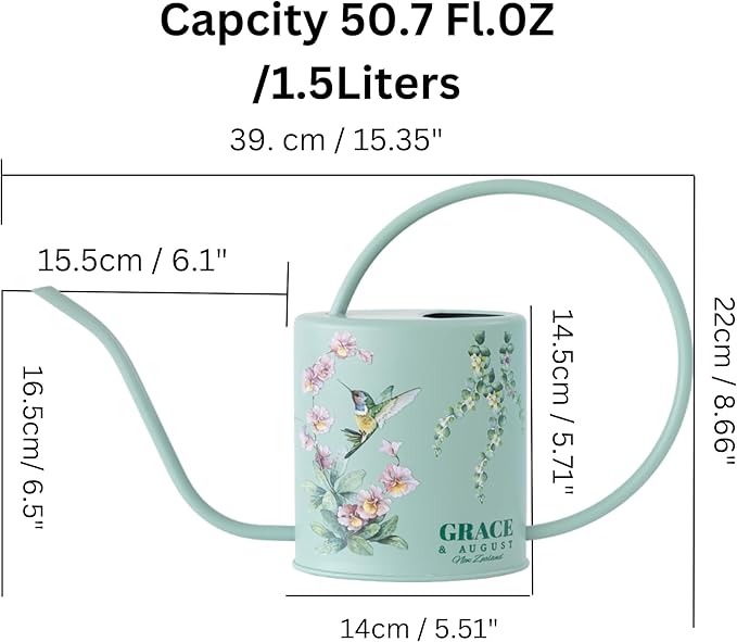 Watering Can for Indoor House Plants - Cute Decorative Metal Gardening Small Water Can for Houseplants & Flowers with Long Spout - 1.5L 51floz 0.4 Gallon (Hummingbird Sage)