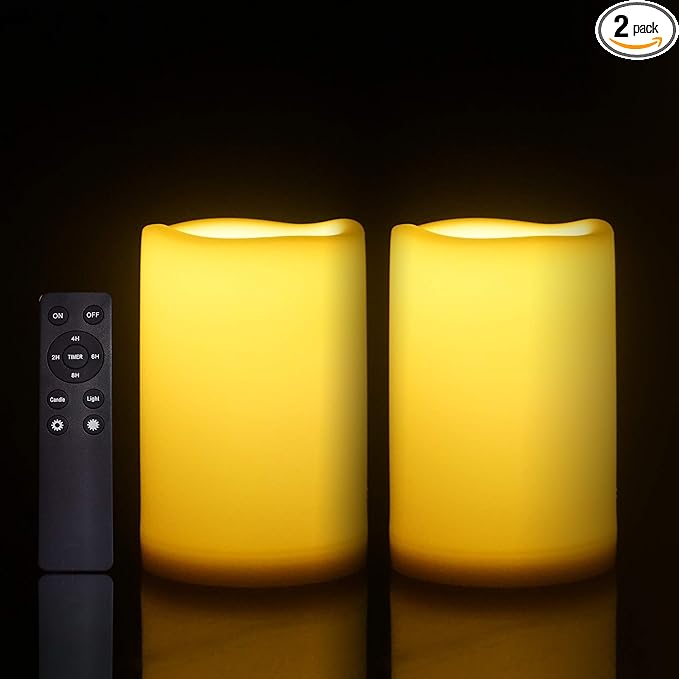 Waterproof Outdoor Flameless Candles with Remote, Set of 2, Large 4” x 6” Battery Operated Electric LED Pillar Candle Set for Home Décor Party Wedding Supplies Garden Christmas Decoration Gift