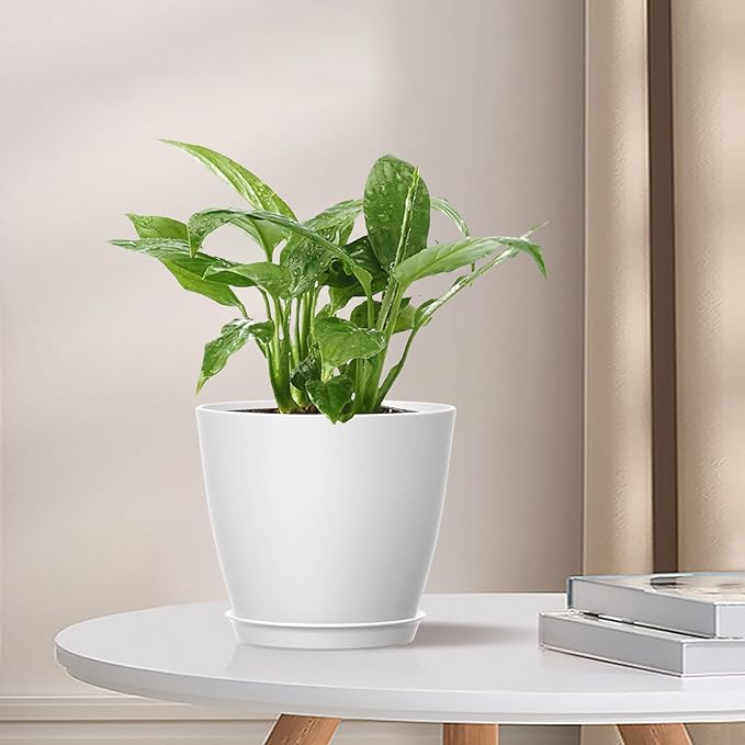 8 Pack 4 Inch Plant Pots with Drainage Holes and Saucers, Pots for Plant Indoor, Plastic Planters for Succulents and Small Plants, White