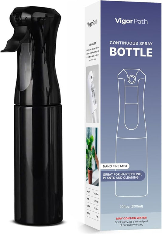 VIGOR PATH Continuous Spray Bottle with Ultra Fine Mist - Versatile Water Sprayer for Hair, Home Cleaning, Salons, Plants, Aromatherapy, and More - Empty Hair Spray Bottle - 300ml/10.1oz (Black)