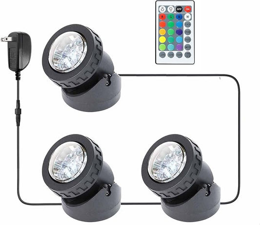 Pond Lights Underwater LED RGB Colored Fountain Lights IP68 Waterproof Spotlight Timing Adjustable Submersible Spot Lights for Fish Pond Garden Lawn Yard Waterfall (Set of 3)