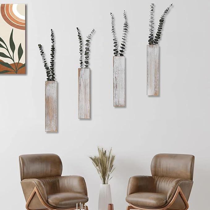Wooden Wall Planter Set of 4 - Modern Home Decor for Living Room, Bedroom, Bathroom - Vintage Finish Planter for Dried Flowers, Faux Greenery, Indoor Plants