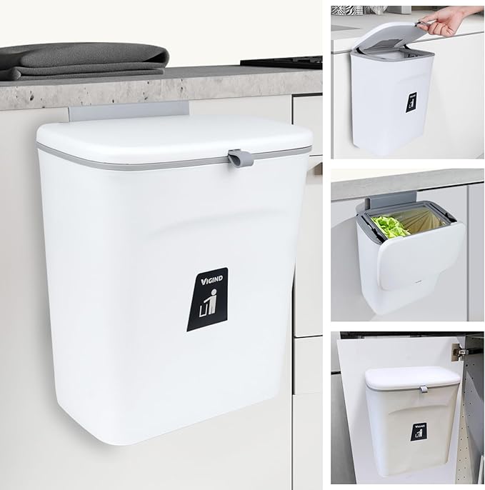 9L/2.4 Gallon Hanging Trash Can for Kitchen Cabinet Door with Lid, Small Under Sink Garbage Can,Trash Bin for Bathroom,Wall Mounted Counter Waste Kitchen Compost Bin,Plastic (White)
