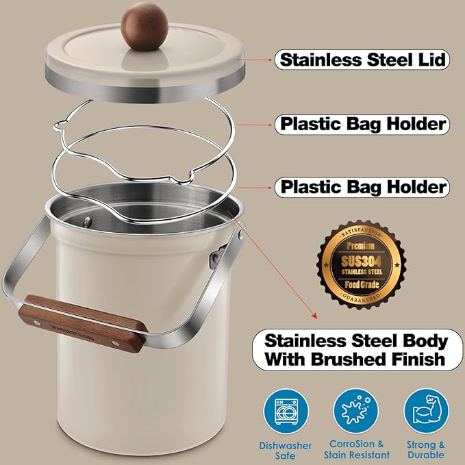 Kitchen Countertop Compost Bin 101ounces / 3Liters, Airtight Lid SUS304 Stainless Steel Odor-Free Food Waste Bin with Wooden Handle Stylish Design Bathroom Trash Can (Off-White)