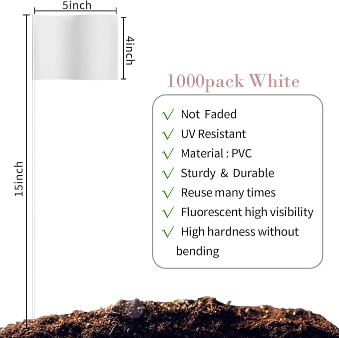 Zozen Marking Flags, White Color | 1000 Pcs/15x4x5 Inch, Yard Flags for Lawn & Irrigation & Landscape & Sprinkler & Survey & Dog Training.