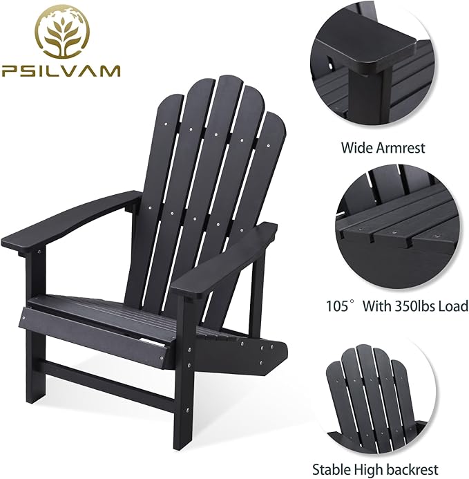 Psilvam Classic Adirondack Chair, Standard-Sized Poly Lumber Fire Pit Chair, 350Lbs Support Weather Resistant Patio Chairs for Garden, Party, Beach(Black)