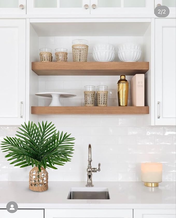 Fake Plants 14.2" Faux Palm Plant in Glass Vase, Realistic Tropical Fake Palm House Plants Artificial Palm Leaves Greenery Stems for Home Bathroom Office Farmhouse Balcony Shelf Centerpiece Décor