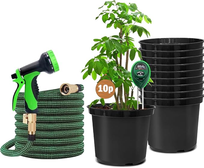 5 Gallon Nursery Pots (10-Pack) + 50ft Garden Hose with Spray Nozzle + 3-in-1 Soil Tester for Moisture/Light/pH | All-in-One Gardening Kit for Indoor/Outdoor Plants, Gardening Gifts for Women