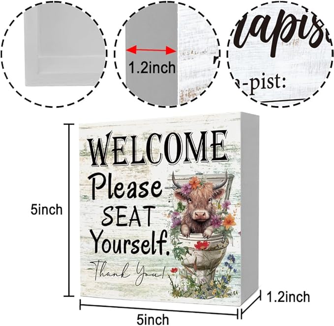 Funny Highland Cow Please Seat Yourself Bathroom Home Décor Sign Farmhouse Bathroom Signs Decor Rustic Wood Plaque Decor for Home Restroom Shelf