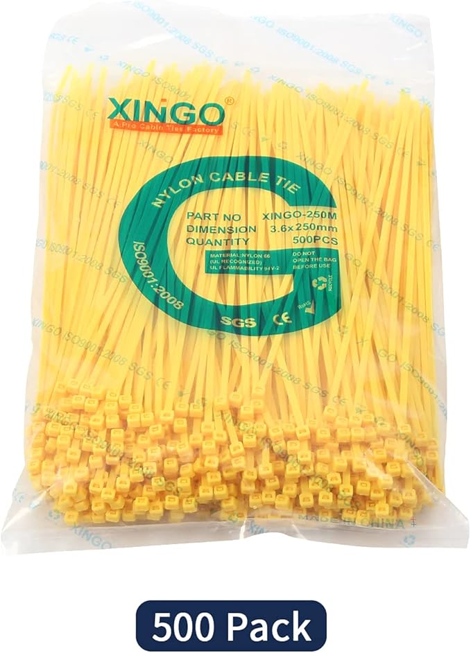 XINGO 10 Inch Cable Zip Ties (500 Pack), 40 Lbs Tensile Strength-Heavy Duty, Self-Locking Nylon Plastic Nylon Wire Ties for indoor and outdoor use (Yellow)
