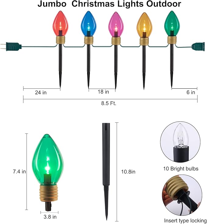 Brightown Jumbo C9 Christmas Lights Outdoor Decorations Lawn with Pathway Marker Stakes, 8.5 Ft C7 String Lights Covered Jumbo Multicolored Light Bulb for Holiday Outside Yard Garden Decor